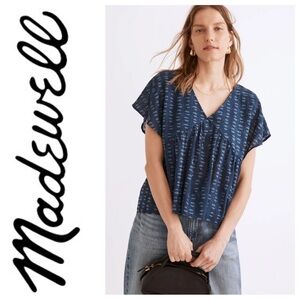 NWT MADEWELL Shirred Top In Indigo Blockprint Women’s XS